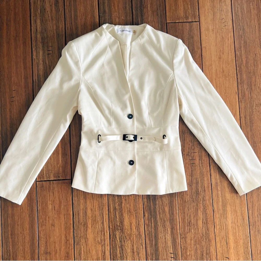 Calvin Klein Cream Blazer 10 Belted Career Office Chic Business Quiet Luxury - Picture 4 of 10